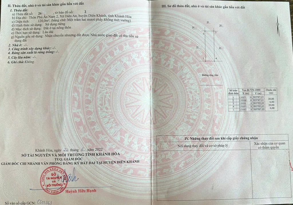 Bán đất thổ cư vị trí đẹp tại Diên An-Diên Khánh- Mặt tiền đường lớn 16m